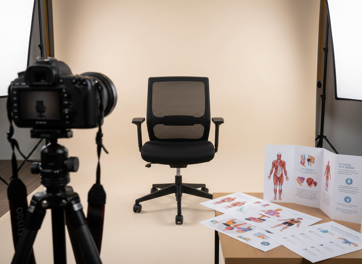 A high-quality photographic close-up of a professional headshot setup without a person: an empty ergonomic chair positioned in front of a softly lit, neutral backdrop, with a camera on a tripod visible in the foreground out of focus. On a nearby side table, printed health education materials—colorful diagrams, illustrated body silhouettes, and simple icon-based layouts—are carefully arranged, suggesting the designer’s expertise. Soft, diffused studio lighting from both sides creates a gentle gradient on the backdrop and a calm, balanced atmosphere. Shot at eye level with shallow depth of field, focusing on the chair and materials, the mood is professional, approachable, and trustworthy, hinting at the human presence without showing any individuals.