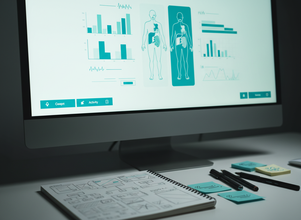 A moody yet clean photographic close-up of a large, color-calibrated monitor displaying a complex health data dashboard design: clear graphs, icon-based navigation, and simplified body diagrams in a teal and white palette, all without readable text. In front of the monitor, a sketchbook lies open with hand-drawn wireframes and layout ideas, surrounded by neatly placed pens and sticky notes. Subtle, cool studio lighting from above and behind the monitor adds depth, creating a soft glow around the screen and gentle shadows on the desk. Shot from a three-quarter angle with shallow depth of field, the image feels analytical yet human-centered, emphasizing the craft of translating health information into accessible, visually clear interfaces.