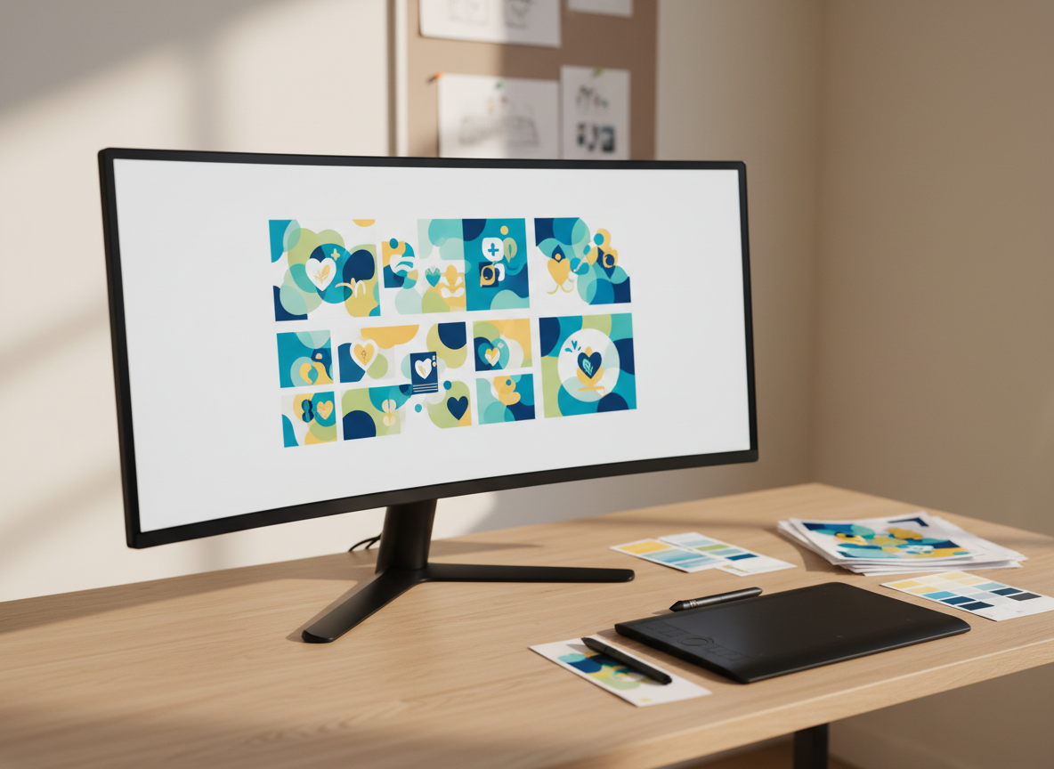 A sleek, large computer monitor on a light oak desk showing a portfolio grid of vibrant health communication designs: poster mockups, social media tiles, and a health education booklet cover, all displayed without readable text, only icons, shapes, and color blocks. Next to the monitor lies a graphic tablet with stylus, color swatch cards, and neatly stacked printed mockups. Soft studio lighting from the left creates even illumination and gentle, professional shadows. The background is a calm, neutral wall with a faint hint of a pinboard holding blurred design sketches. Photographic style, eye-level composition with moderate depth of field, emphasizing clarity, order, and the specialized nature of health-focused graphic design.