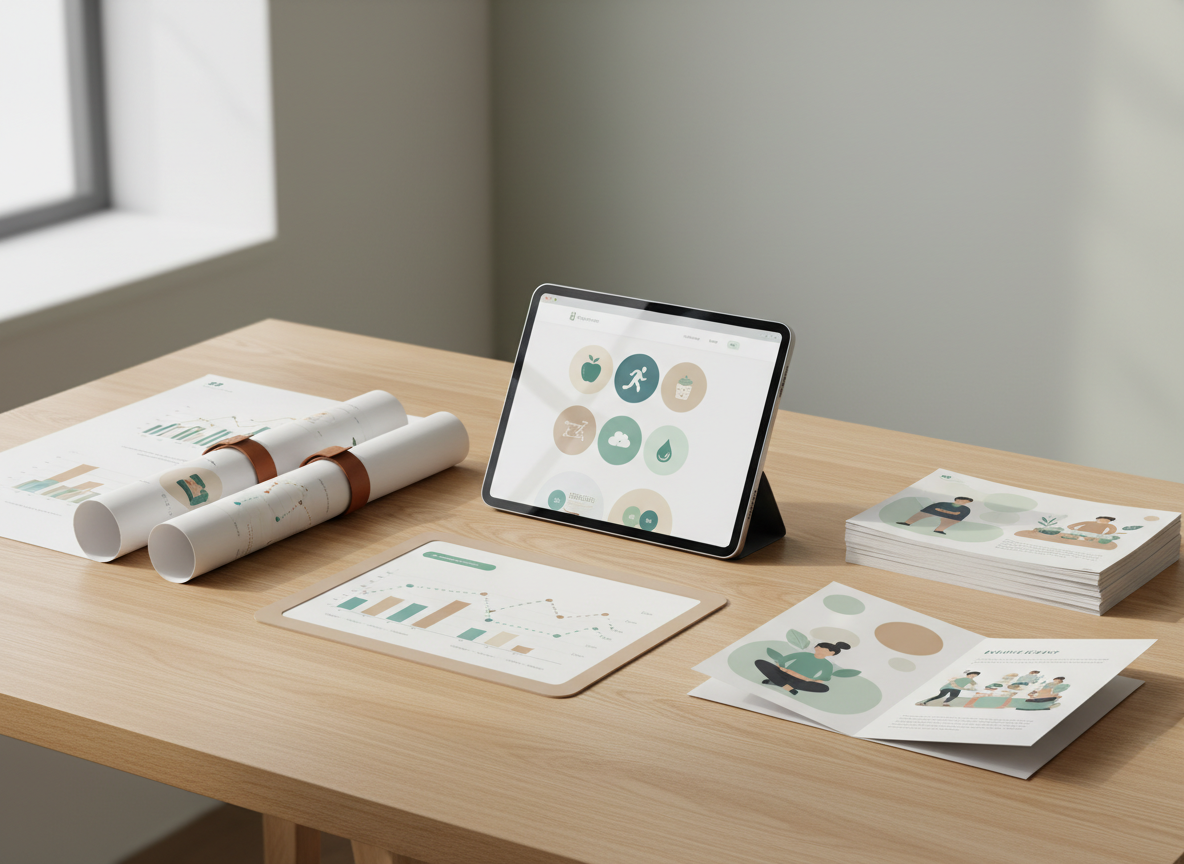 A clean, modern wooden desk seen from a slightly elevated angle, covered with carefully arranged health education design materials: colorful infographic posters, folded brochures about healthy habits, and a tablet displaying a responsive website interface. All graphics use calm blues, greens, and soft neutrals, with icons, charts, and simple illustrations instead of text. Diffused natural daylight enters from an unseen window, creating soft reflections on the tablet screen and gentle shadows from the paper edges. The background fades into a subtly blurred, minimalist studio wall. Photographic realism, sharp focus on the central materials with shallow depth of field, conveying a professional, trustworthy, and empowering atmosphere aligned with health communication and education.