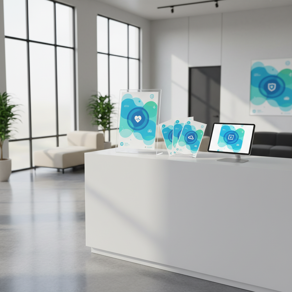 A calm, photographic scene inside a bright, contemporary health center reception area, with no people present. On a sleek white counter, a set of professionally designed health communication materials is neatly displayed: a standing poster in a clear holder, a series of coordinated flyers, and a tablet on a stand showing a matching visual campaign. The designs use harmonious blues and greens, abstract shapes, and iconography related to wellness and prevention, with no readable text. Large windows on the side let in soft, natural daylight, illuminating the space and creating subtle reflections on the floor. Captured at eye level with moderate depth of field, the mood is welcoming, reliable, and community-oriented, highlighting how design enhances health education in real environments.