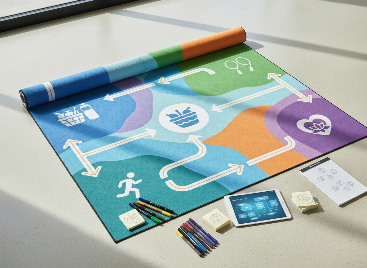 A detailed overhead, photographic view of a large, partially unrolled health education mat spread across a smooth, light floor. The mat displays abstract, colorful zones, icons for nutrition, physical activity, and mental wellbeing, and simple arrow pathways instead of text, suggesting interactive learning. Around the mat lie neatly arranged design tools: fine-tip markers, sticky notes with illegible scribbles, and a tablet showing a digital wireframe. Natural daylight from a nearby window casts soft, directional light, creating gentle shadows along the mat’s texture. The composition is tidy and balanced, with sharp focus and a clean, modern aesthetic, evoking creativity, community engagement, and thoughtful design for health promotion.