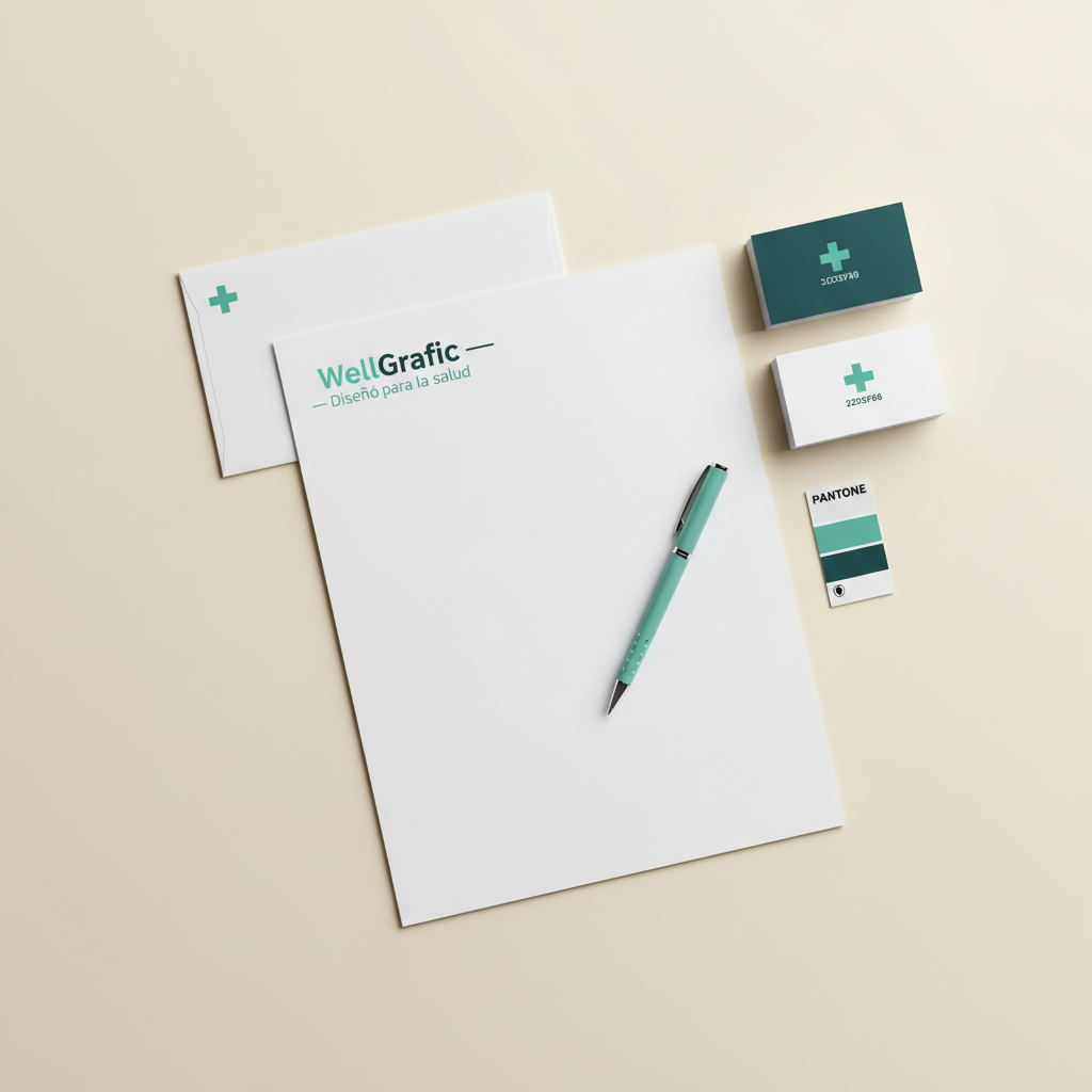 Professional branding stationery flat lay mockup. Background color is exactly #f4f0e9 (warm light cream). The stationery elements are very large, zoomed in close, and positioned in the upper-center area of the frame so they appear centered vertically and horizontally. Composition: a white envelope with small mint green cross logo in the upper LEFT, overlapping a large white letterhead sheet centered and dominant with "WellGrafic — Diseño para la salud" header in mint green (#3EB89A) and dark teal (#2D5F6B), a mint green pen with silver accents resting diagonally on the letterhead, and in the upper RIGHT a neat stack of business cards — top card dark teal (#2D5F6B) with white logo, below a white card with teal branding, plus a small Pantone color swatch card showing mint green and dark teal chips. All elements are close together, large, centered in the image, shifted slightly upward. Soft gentle shadows. Top-down flat lay perspective. Background is exactly #f4f0e9 warm cream — NOT gray, NOT white, NOT too dark. Colors: mint green (#3EB89A), dark teal (#2D5F6B), white paper elements, #f4f0e9 background. Photorealistic, high resolution.