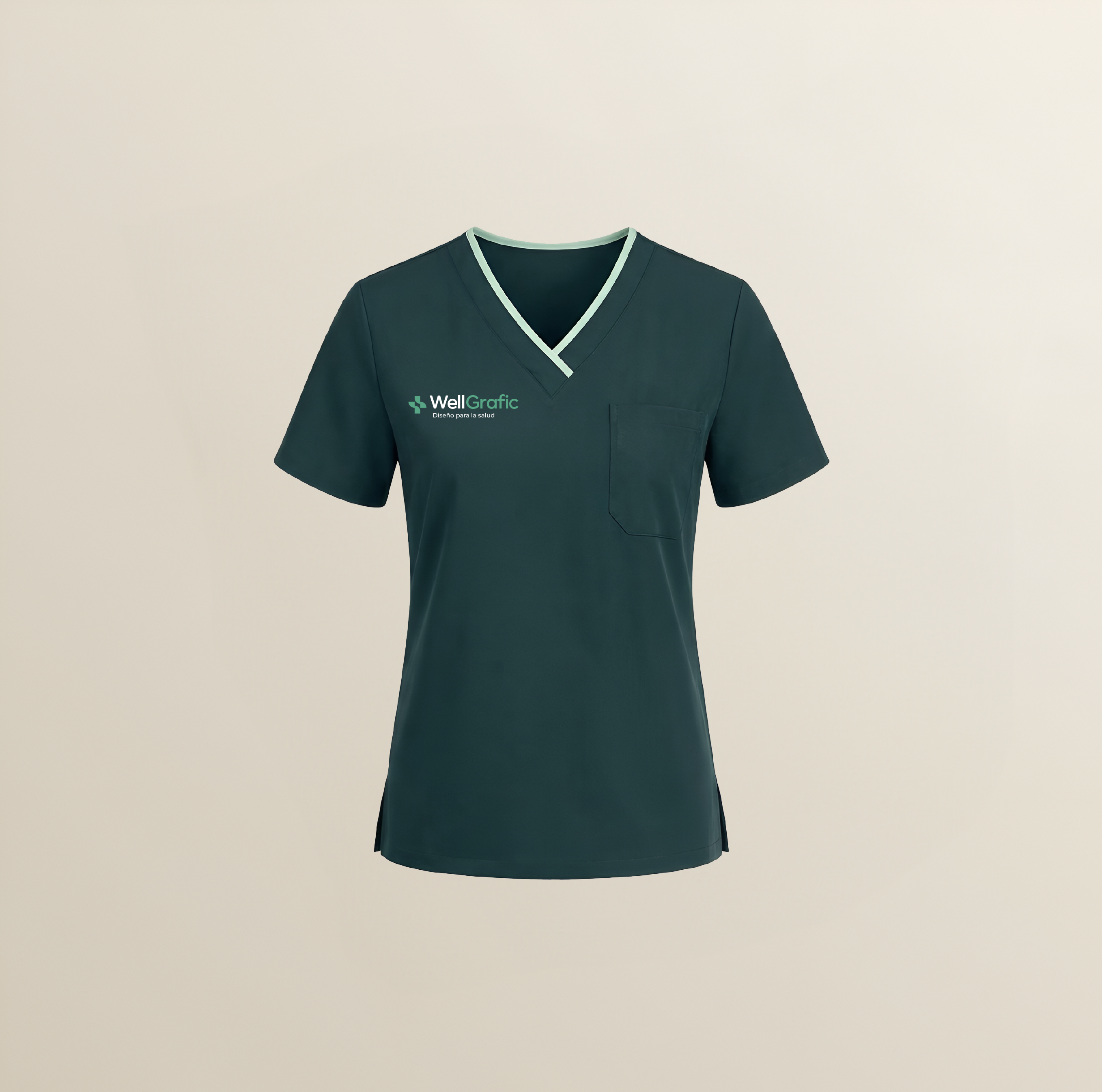 Uniforme médico WellGrafic — scrub teal oscuro con detalle mint en cuello en V y logo
